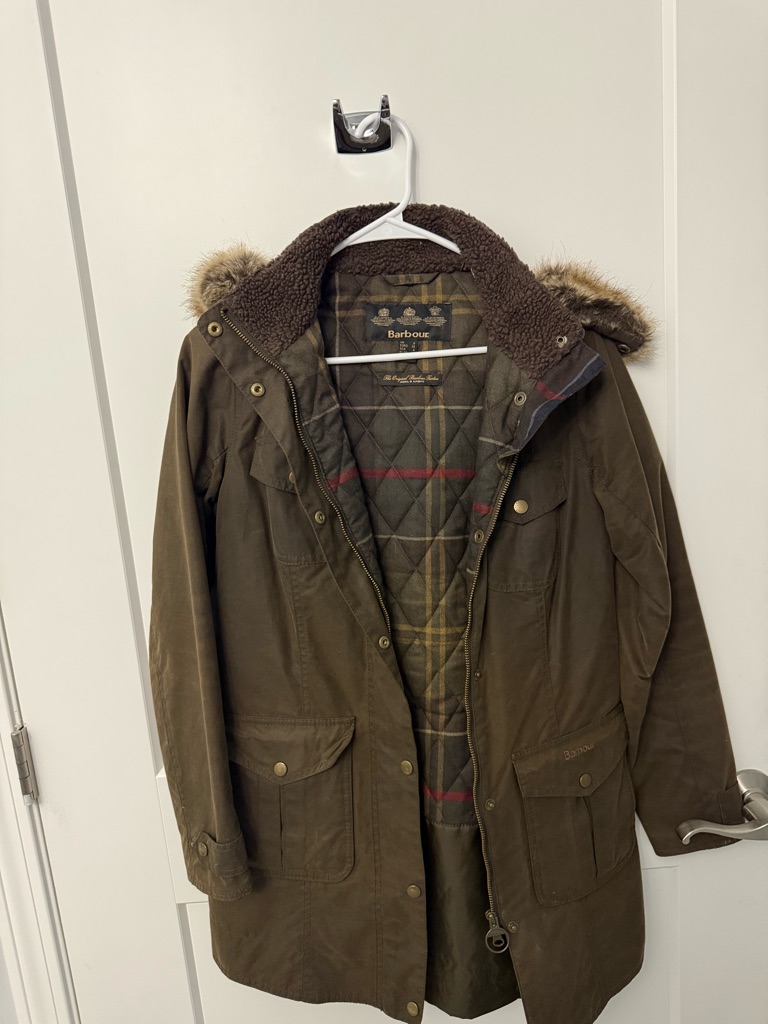Barbour Brown Quilted Jacket With Tartan Lining And Faux Shearling Collar